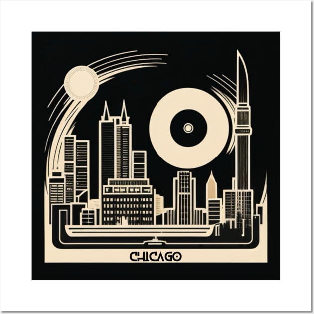 Chicago City Skyline Retro Vinyl Record Graphic Wall Art by musicgeniusart
